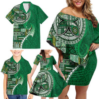 Samoan Siapo Art Tattoo Polynesian Pattern Family Matching Off Shoulder Short Dress and Hawaiian Shirt Green Color LT03 - Polynesian Pride