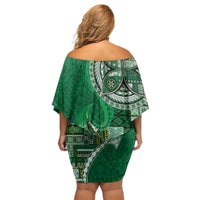 Samoan Siapo Art Tattoo Polynesian Pattern Family Matching Off Shoulder Short Dress and Hawaiian Shirt Green Color LT03 - Polynesian Pride