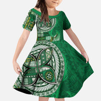 Samoan Siapo Art Tattoo Polynesian Pattern Family Matching Puletasi and Hawaiian Shirt Green Color LT03 Daughter's Dress Green - Polynesian Pride