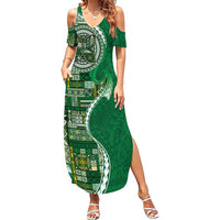 Samoan Siapo Art Tattoo Polynesian Pattern Family Matching Summer Maxi Dress and Hawaiian Shirt Green Color LT03 Mom's Dress Green - Polynesian Pride