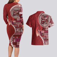 Samoan Siapo Art Tattoo Polynesian Pattern Couples Matching Long Sleeve Bodycon Dress and Hawaiian Shirt Red Color LT03 - Polynesian Pride