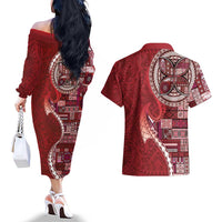 Samoan Siapo Art Tattoo Polynesian Pattern Couples Matching Off The Shoulder Long Sleeve Dress and Hawaiian Shirt Red Color LT03 - Polynesian Pride