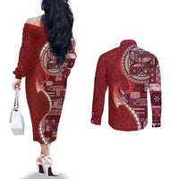 Samoan Siapo Art Tattoo Polynesian Pattern Couples Matching Off The Shoulder Long Sleeve Dress and Long Sleeve Button Shirt Red Color LT03 - Polynesian Pride