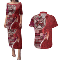 Samoan Siapo Art Tattoo Polynesian Pattern Couples Matching Puletasi and Hawaiian Shirt Red Color - Polynesian Pride