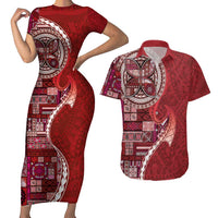 Samoan Siapo Art Tattoo Polynesian Pattern Couples Matching Short Sleeve Bodycon Dress and Hawaiian Shirt Red Color LT03 Red - Polynesian Pride
