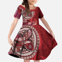 Samoan Siapo Art Tattoo Polynesian Pattern Family Matching Off The Shoulder Long Sleeve Dress and Hawaiian Shirt Red Color LT03 Daughter's Dress Red - Polynesian Pride