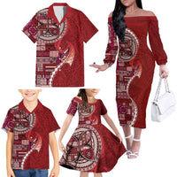 Samoan Siapo Art Tattoo Polynesian Pattern Family Matching Off The Shoulder Long Sleeve Dress and Hawaiian Shirt Red Color LT03 - Polynesian Pride