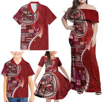 Samoan Siapo Art Tattoo Polynesian Pattern Family Matching Off Shoulder Maxi Dress and Hawaiian Shirt Red Color LT03 - Polynesian Pride