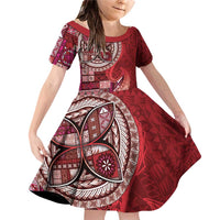 Samoan Siapo Art Tattoo Polynesian Pattern Family Matching Off Shoulder Short Dress and Hawaiian Shirt Red Color LT03 Daughter's Dress Red - Polynesian Pride