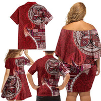 Samoan Siapo Art Tattoo Polynesian Pattern Family Matching Off Shoulder Short Dress and Hawaiian Shirt Red Color LT03 - Polynesian Pride