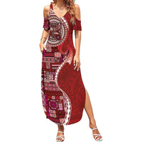 Samoan Siapo Art Tattoo Polynesian Pattern Family Matching Summer Maxi Dress and Hawaiian Shirt Red Color LT03 Mom's Dress Red - Polynesian Pride