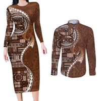 Samoan Siapo Art Tattoo Polynesian Pattern Couples Matching Long Sleeve Bodycon Dress and Long Sleeve Button Shirt Brown Color LT03 Brown - Polynesian Pride