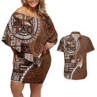 Samoan Siapo Art Tattoo Polynesian Pattern Couples Matching Off Shoulder Short Dress and Hawaiian Shirt Brown Color LT03 Brown - Polynesian Pride