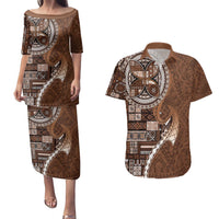 Samoan Siapo Art Tattoo Polynesian Pattern Couples Matching Puletasi and Hawaiian Shirt Brown Color - Polynesian Pride