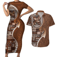Samoan Siapo Art Tattoo Polynesian Pattern Couples Matching Short Sleeve Bodycon Dress and Hawaiian Shirt Brown Color LT03 Brown - Polynesian Pride