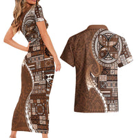 Samoan Siapo Art Tattoo Polynesian Pattern Couples Matching Short Sleeve Bodycon Dress and Hawaiian Shirt Brown Color LT03 - Polynesian Pride