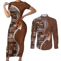 Samoan Siapo Art Tattoo Polynesian Pattern Couples Matching Short Sleeve Bodycon Dress and Long Sleeve Button Shirt Brown Color LT03 Brown - Polynesian Pride