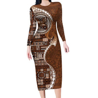 Samoan Siapo Art Tattoo Polynesian Pattern Family Matching Long Sleeve Bodycon Dress and Hawaiian Shirt Brown Color LT03 Mom's Dress Brown - Polynesian Pride