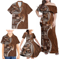 Samoan Siapo Art Tattoo Polynesian Pattern Family Matching Off Shoulder Maxi Dress and Hawaiian Shirt Brown Color LT03 - Polynesian Pride