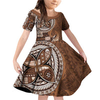 Samoan Siapo Art Tattoo Polynesian Pattern Family Matching Off Shoulder Short Dress and Hawaiian Shirt Brown Color LT03 Daughter's Dress Brown - Polynesian Pride