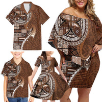 Samoan Siapo Art Tattoo Polynesian Pattern Family Matching Off Shoulder Short Dress and Hawaiian Shirt Brown Color LT03 - Polynesian Pride