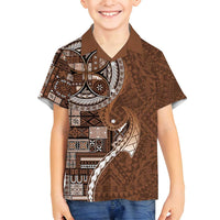 Samoan Siapo Art Tattoo Polynesian Pattern Family Matching Off Shoulder Short Dress and Hawaiian Shirt Brown Color LT03 Son's Shirt Brown - Polynesian Pride