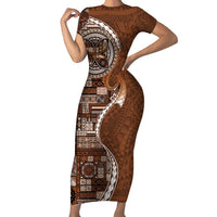Samoan Siapo Art Tattoo Polynesian Pattern Family Matching Short Sleeve Bodycon Dress and Hawaiian Shirt Brown Color LT03 Mom's Dress Brown - Polynesian Pride