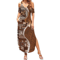 Samoan Siapo Art Tattoo Polynesian Pattern Family Matching Summer Maxi Dress and Hawaiian Shirt Brown Color LT03 Mom's Dress Brown - Polynesian Pride