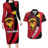 Papua New Guinea Mask Festival Couples Matching Long Sleeve Bodycon Dress and Hawaiian Shirt Papua Niugini Tribe Mask Melanesian Pattern LT03 Red - Polynesian Pride