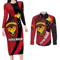 Papua New Guinea Mask Festival Couples Matching Long Sleeve Bodycon Dress and Long Sleeve Button Shirt Papua Niugini Tribe Mask Melanesian Pattern LT03 Red - Polynesian Pride