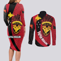 Papua New Guinea Mask Festival Couples Matching Long Sleeve Bodycon Dress and Long Sleeve Button Shirt Papua Niugini Tribe Mask Melanesian Pattern LT03 - Polynesian Pride
