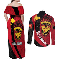 Papua New Guinea Mask Festival Couples Matching Off Shoulder Maxi Dress and Long Sleeve Button Shirt Papua Niugini Tribe Mask Melanesian Pattern LT03 - Polynesian Pride