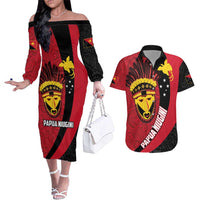 Papua New Guinea Mask Festival Couples Matching Off The Shoulder Long Sleeve Dress and Hawaiian Shirt Papua Niugini Tribe Mask Melanesian Pattern LT03 Red - Polynesian Pride