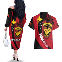 Papua New Guinea Mask Festival Couples Matching Off The Shoulder Long Sleeve Dress and Hawaiian Shirt Papua Niugini Tribe Mask Melanesian Pattern LT03 - Polynesian Pride