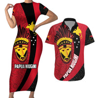 Papua New Guinea Mask Festival Couples Matching Short Sleeve Bodycon Dress and Hawaiian Shirt Papua Niugini Tribe Mask Melanesian Pattern LT03 Red - Polynesian Pride