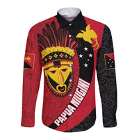 Papua New Guinea Mask Festival Long Sleeve Button Shirt Papua Niugini Tribe Mask Melanesian Pattern LT03 Unisex Red - Polynesian Pride