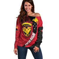Papua New Guinea Mask Festival Off Shoulder Sweater Papua Niugini Tribe Mask Melanesian Pattern LT03 Women Red - Polynesian Pride