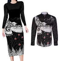 New Zealand Kea Bird Couples Matching Long Sleeve Bodycon Dress and Long Sleeve Button Shirt Maori Tattoo and Silver Fern Black Color LT03 Black - Polynesian Pride