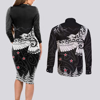 New Zealand Kea Bird Couples Matching Long Sleeve Bodycon Dress and Long Sleeve Button Shirt Maori Tattoo and Silver Fern Black Color LT03 - Polynesian Pride