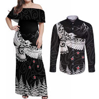 New Zealand Kea Bird Couples Matching Off Shoulder Maxi Dress and Long Sleeve Button Shirt Maori Tattoo and Silver Fern Black Color LT03 Black - Polynesian Pride