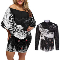 New Zealand Kea Bird Couples Matching Off Shoulder Short Dress and Long Sleeve Button Shirt Maori Tattoo and Silver Fern Black Color LT03 Black - Polynesian Pride
