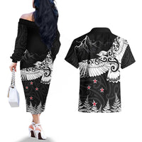 New Zealand Kea Bird Couples Matching Off The Shoulder Long Sleeve Dress and Hawaiian Shirt Maori Tattoo and Silver Fern Black Color LT03 - Polynesian Pride