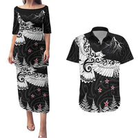 New Zealand Kea Bird Couples Matching Puletasi and Hawaiian Shirt Maori Tattoo and Silver Fern Black Color LT03 Black - Polynesian Pride