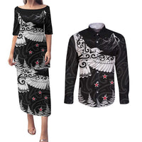 New Zealand Kea Bird Couples Matching Puletasi and Long Sleeve Button Shirt Maori Tattoo and Silver Fern Black Color LT03 Black - Polynesian Pride