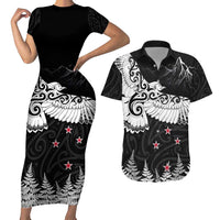 New Zealand Kea Bird Couples Matching Short Sleeve Bodycon Dress and Hawaiian Shirt Maori Tattoo and Silver Fern Black Color LT03 Black - Polynesian Pride