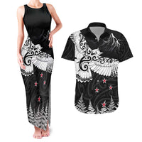 New Zealand Kea Bird Couples Matching Tank Maxi Dress and Hawaiian Shirt Maori Tattoo and Silver Fern Black Color LT03 Black - Polynesian Pride