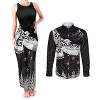 New Zealand Kea Bird Couples Matching Tank Maxi Dress and Long Sleeve Button Shirt Maori Tattoo and Silver Fern Black Color LT03 Black - Polynesian Pride