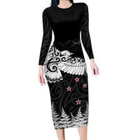 New Zealand Kea Bird Family Matching Long Sleeve Bodycon Dress and Hawaiian Shirt Maori Tattoo and Silver Fern Black Color LT03 Mom's Dress Black - Polynesian Pride