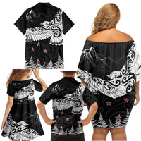New Zealand Kea Bird Family Matching Off Shoulder Short Dress and Hawaiian Shirt Maori Tattoo and Silver Fern Black Color LT03 - Polynesian Pride