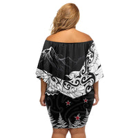 New Zealand Kea Bird Family Matching Off Shoulder Short Dress and Hawaiian Shirt Maori Tattoo and Silver Fern Black Color LT03 - Polynesian Pride